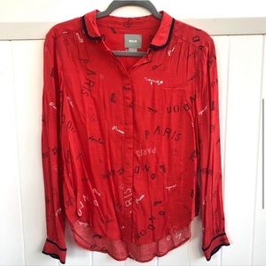 Anthropologie Maeve London Paris Button Down Top Blouse With Collar Size 4 Red